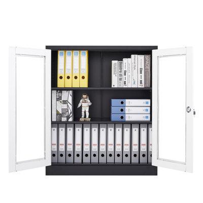 Latitude Run® Metal Storage Cabinet Steel Locking Storage Cabinet w/ 2 Glass Doors & 2 Adjustable Shelves Stainless Steel in White/Black | Wayfair