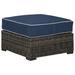 Handwoven Wicker Frame Ottoman with Cushion Seat, Brown and Blue