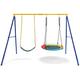 COSTWAY Kids Double Swing Set, A-Frame Metal Swings Stand with Belt Swing and Nest Swing, 2 Hanging Ways & Easy Setup Children Swing Set for Playgournd Garden (Yellow+Navy)