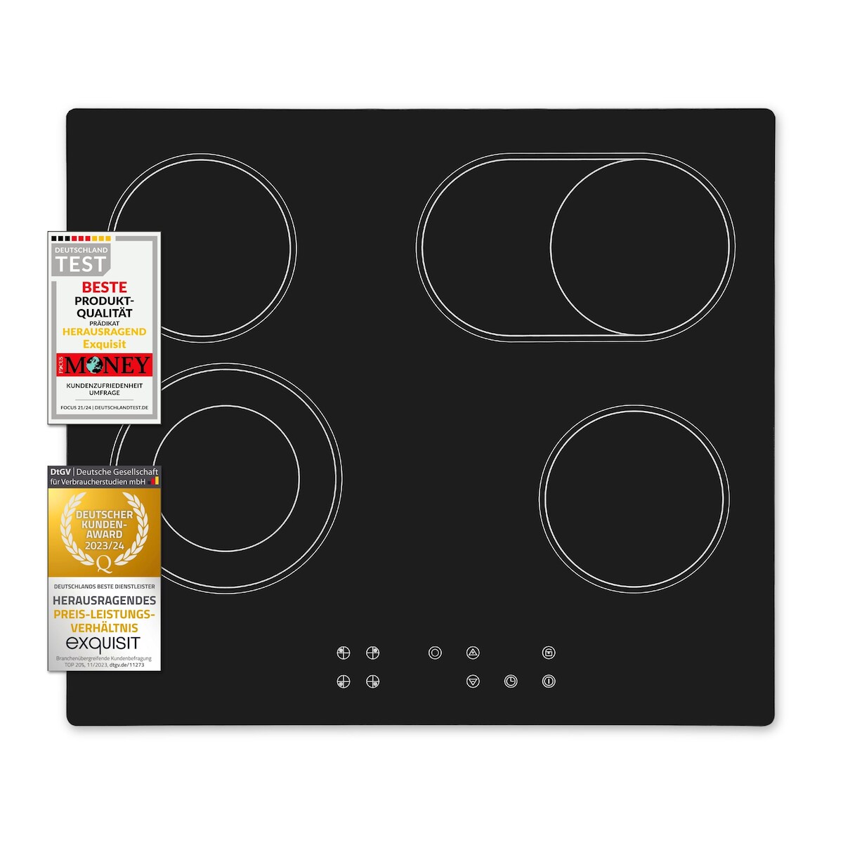 Exquisit Kochfeld EKC 601-2.1 BZ | Glaskeramik | Touch Control | 4 Kochstellen | Bräterzone | 6100 W Image
