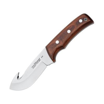 Fox Big Game Skinner Knife 4.25" satin finish Bohler N690 stainless guthook b Brown pakkawood handle 02FX125