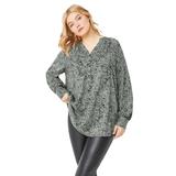 Plus Size Women's 3-Button Y-Neck Tunic by ellos in Grey Spruce Black Print (Size 14/16)