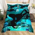 Teal Ocean Whale Comforter Cover Jellyfish Killer Whale Bedding Set The Underwater World Duvet Cover Set Orcinus Orcas Deep Sea Animals Marine Life Bedspread Cover With 2 Pillow Cases Double Size