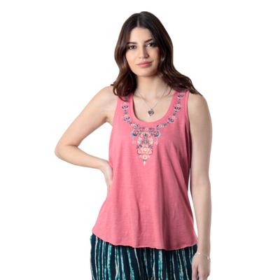 Floral Story in Pink,'Embroidered Cotton Floral-Motif Tank Top'