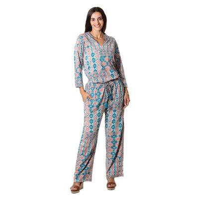 Meena Bazaar in Teal,'Teal and Melon Print Viscose Blend Pants'