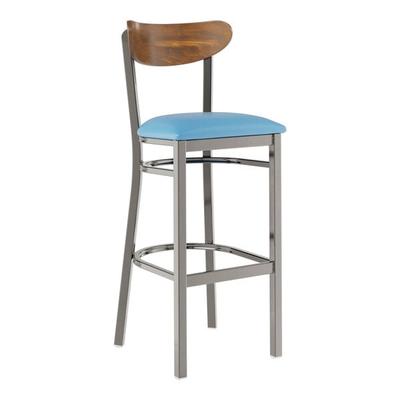 Lancaster Table & Seating Boomerang Clear Coat Finish Bar Stool with Blue Vinyl Seat and Vintage Wood Back