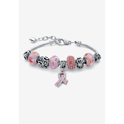 Women's Silver Tone Breast Cancer Charm Bracelet (7Mm), 8" Plus 2" Extension Jewelry by PalmBeach Jewelry in Pink