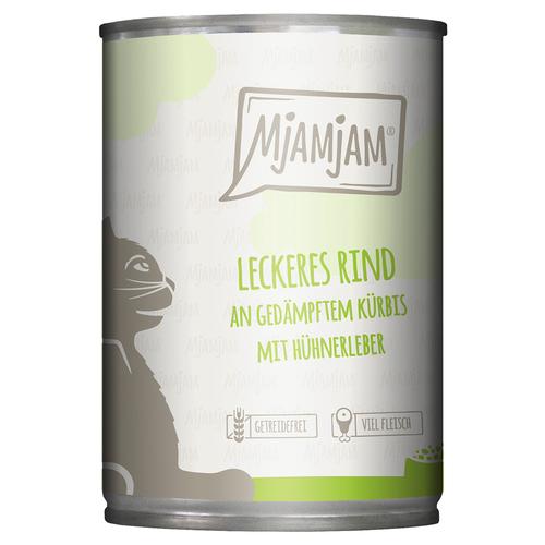 Sparpaket 24x400g MjAMjAM leckeres Rind an gedämpftem Kürbis Katzenfutter nass