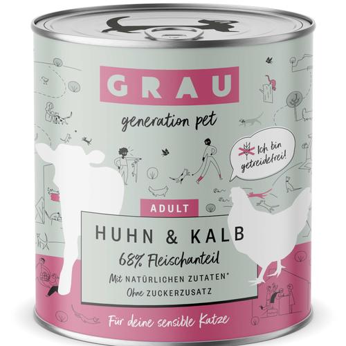 Sparpaket: 12x800g GRAU Adult Getreidefrei Huhn & Kalb Katzenfutter nass