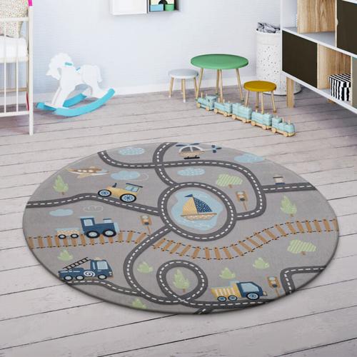 Kinderteppich Kinderzimmer Teppich Spielmatte Spielteppich Straßenteppich Grau Grün 150 cm Rund