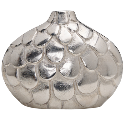 Blumenvase Silber Aluminium 26 cm mit Schuppen Struktur Handgemacht niedrig bauchig Deko Accessoires Wohnzimmer Schlafzi