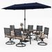 Lark Manor™ Aivo 6-person Steel Patio Outdoor Furniture, Patio Dining Sets w/ Umbrella, Metal Swivel Chairs, Rectangular Table Metal in Blue | Wayfair