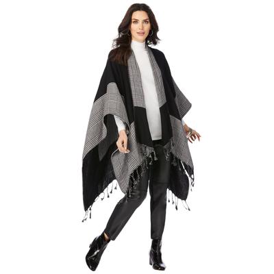 Women's Plaid Ruana Shawl by Accessories For All in Black Ivory Houndstooth