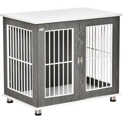 Transportbox für mittelgroße und große Hunde, verriegelbar Holzwerkstoff Stahl Grau + Weiß