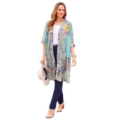 Plus Size Women's Luxe Georgette Long Kimono by Catherines in Turq Floral Paisley (Size 1X)