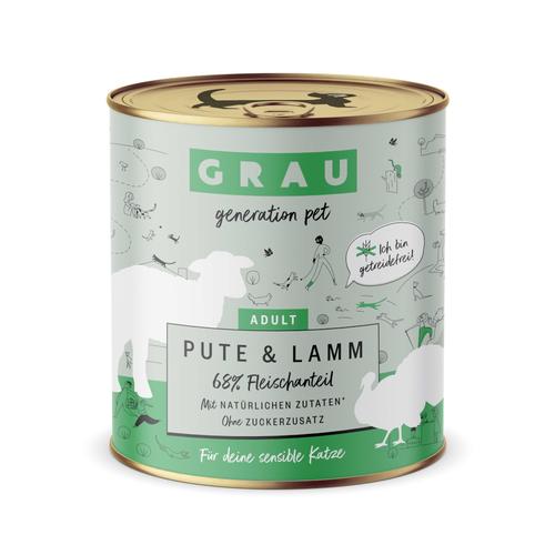 Sparpaket: 12x800g GRAU Adult Getreidefrei Pute & Lamm Katzenfutter nass