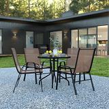 Lark Manor™ Artu 5 Piece Patio Dining Set - Glass Table, 4 Flex Stack Chairs Glass/Metal in Brown | 31.5 W x 31.5 D in | Wayfair