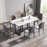 63'' Modern and Minimalist Rectangular Stone Dining Table, Black Metal Frame, Curved Corners