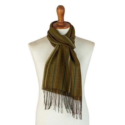 'Green Baby Alpaca Blend Hand-woven Striped Scarf from Peru'
