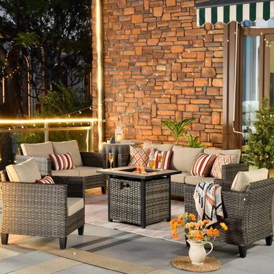 OVIOS 5-piece Patio Loveseat Wicker Set with 30" Fire Pit
