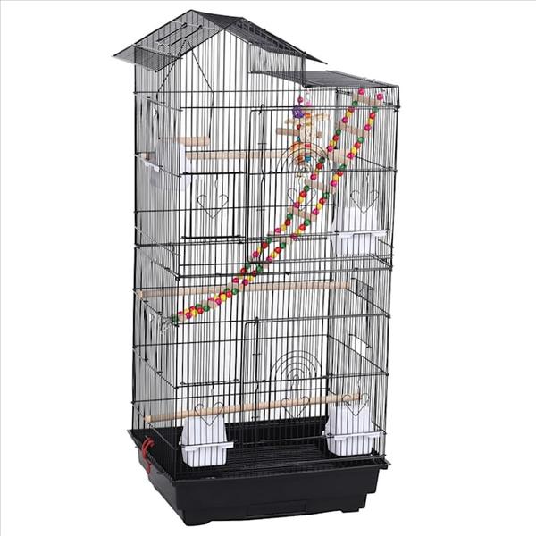 topeakmart-black-metal-bird-cage-with-swing-ladder-for-small-birds,-39"-h,-13.2-lbs/