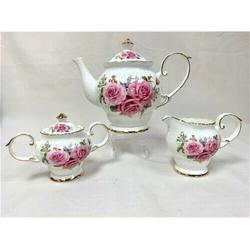 Rosdorf Park Set Of 3 Pink Roses w/ Gold Trim Bone China Teapot Set Bone China in Pink/White/Yellow | 8 H x 8.5 W x 8 D in | Wayfair