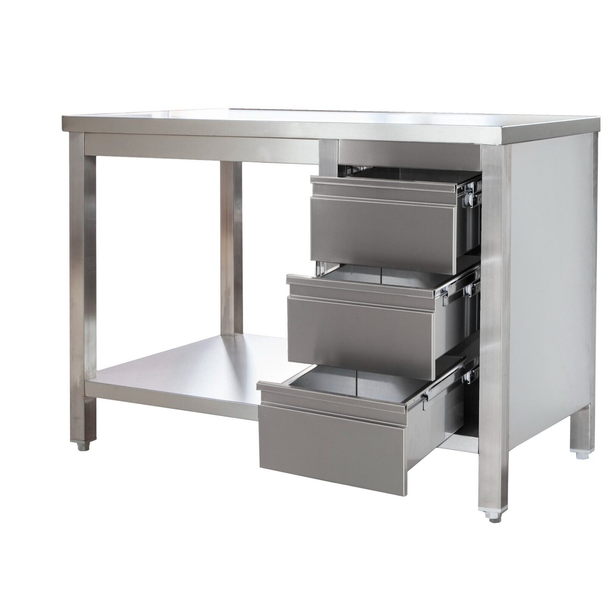 Gastro Arbeitstisch mit Grundboden & Schubladenblock rechts o. Aufkantung Chromstahl (BxT) 2600 x 800 mm Image