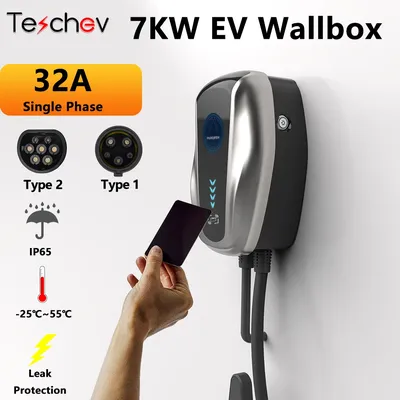 Chargeur 32A 1Phase EVSE Wallbox EV pour véhicule électrique Type 1 Type 2 Station de charge écran