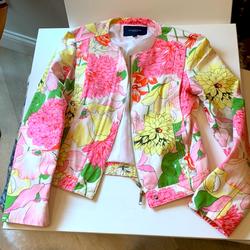 Burberry Jackets & Coats | Burberry Flower Blazer Jean Jacket Blazer Women Girl Pink Yellow Green White | Color: Green/Pink | Size: S