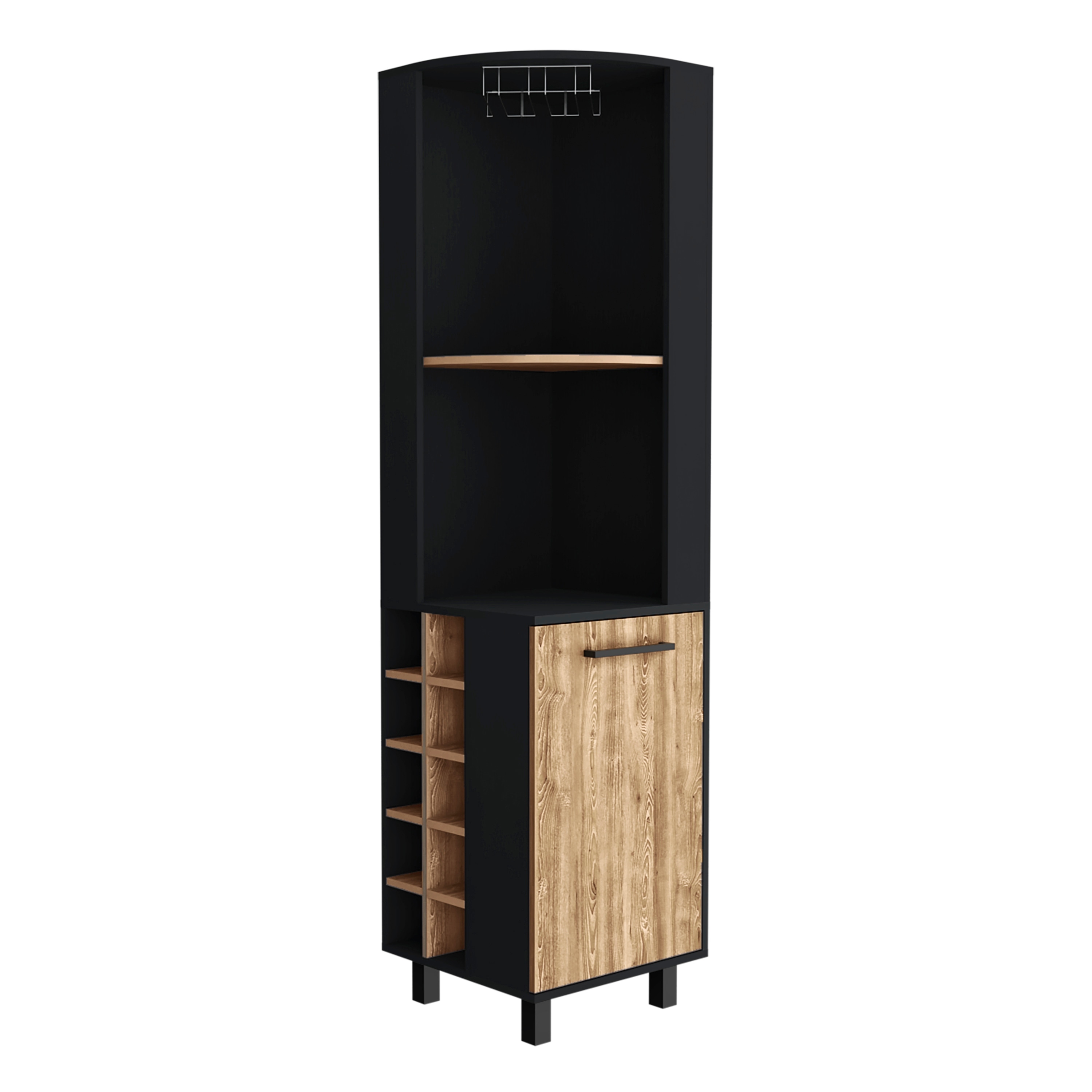 Kaia Corner Bar Cabinet with 4 Shelves, 10 Wine Cubbies, Cabinet, and Glass Rack