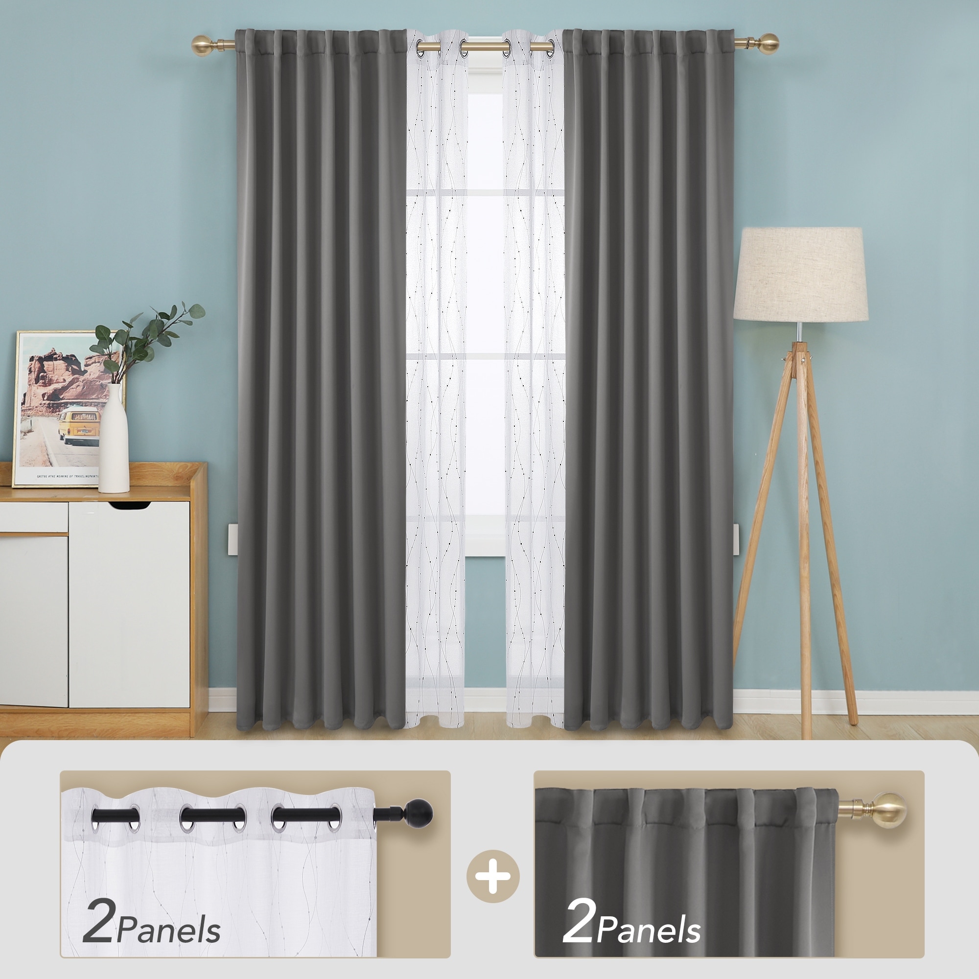 Deconovo Mix & Match Blackout and Silver Print Sheer 4 Piece Curtain Panel Set
