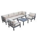 LeisureMod Hamilton 7-Piece Aluminum Patio Conversation Set With Coffee Table And Cushions in Beige - LeisureMod HSTBL-7BG