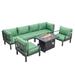 LeisureMod Hamilton 7-Piece Aluminum Patio Conversation Set With Fire Pit Table And Cushions in Green - LeisureMod HSFBL-7G