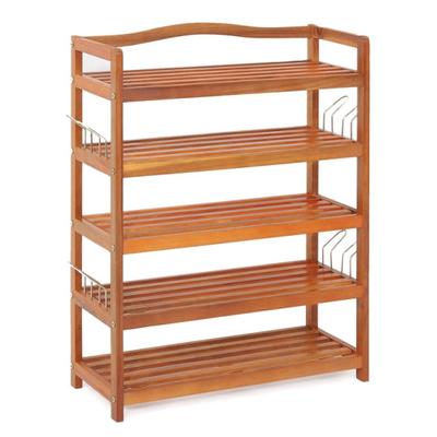 Costway 5-Tier Acacia Wood Shoe Rack with Side Metal Hooks