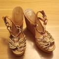 Coach Shoes | Coach "Georgiana" Leather Python Print Cork Wedge Sandal In Size 8.5b | Color: Tan | Size: 8.5b