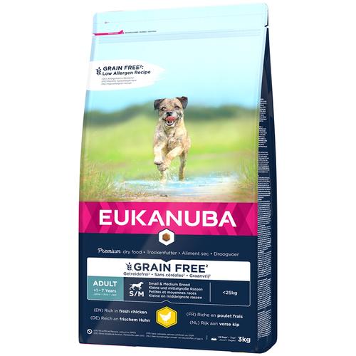 Sparpaket: 2x3kg Eukanuba Grain Free Adult Small / Medium Breed Huhn Hundefutter trocken