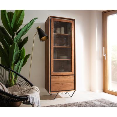 DELIFE Vitrine Stonegrace 55x180 cm Akazie Braun Steinfurnier 1 Tür 2 Schubladen V-Fuß Schwarz, Vitrinen Image