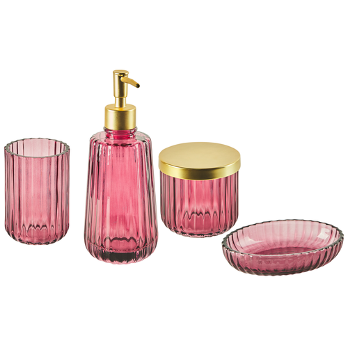 Badezimmer-Set Rosa Glas 4-teilig Seifenspender Seifenschale Zahnbürstenhalter Becher Eleganter Moderner Stil Badzubehör für WC Toilette