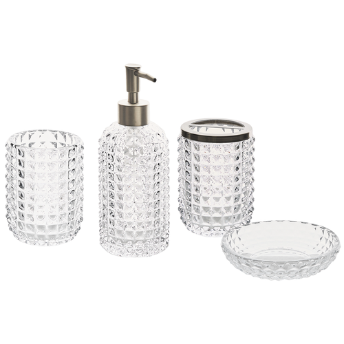 4-teiliges Badezimmer-Set Transparent Glas Seifenspender Seifenschale Zahnbürstenhalter Becher Eleganter Stil Badzubehör für WC Toilette