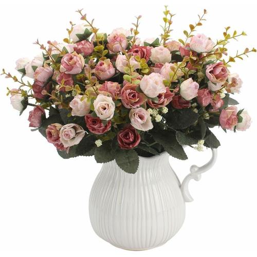 Litzee - Künstliches Bouquet mit künstlichen Rosen, 7 Stielen, 21 Blumen, Seidenblumen, Ideal als