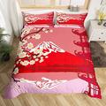 Red Ukiyoe Print Comforter Cover Cherry Blossom Duvet Cover Japanese Mount Fuji Bedding Set Double Chic Flowers Florals Bedspread Cover Retro Oriental Tower Quilt Cover Decotive Ultra Soft 3Pcs