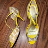 J. Crew Shoes | J.Crew Yellow Print Peep Toe Heels Sandals | Color: Cream/Yellow | Size: 6