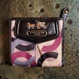 Coach Bags | Coach Maggie Purple Multi Scarf Print Op Art Chain Link Signature Compact Wallet | Color: Gray/Purple | Size: Os