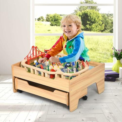 Kinder Spieltisch mit Zug Holzeisenbahn Set, Spielzeugeisenbahn ihkl. 100 Spielteilen zum