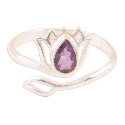 Lilac Lotus,'Amethyst and Sterling Silver Lotus Wrap Ring from India'