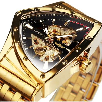 Winner Triangle Skeleton Gold Black Watch For Men Automatic Mechanical Wristwatch Irregular Luxury