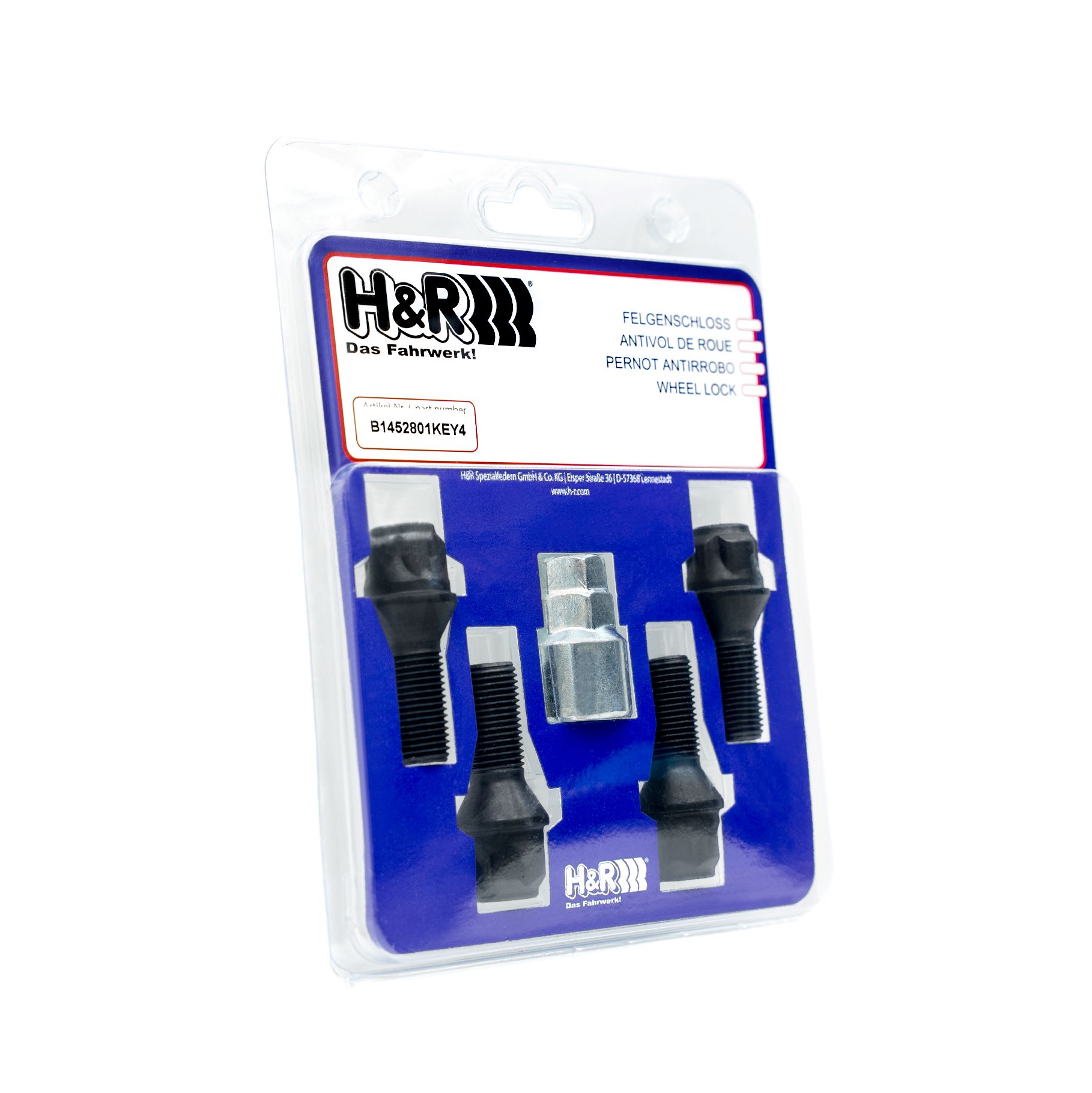 H&R Radbolzen Felgenschloss-Set M14 x 1,5 28 mm schwarz/black Radschraube schwarz B1452801KEY4 Image