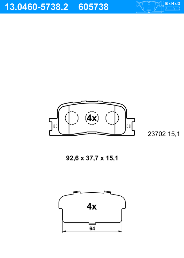 ATE Bremsbelagsatz, Scheibenbremse hinten rechts links für TOYOTA 04466-33130 04466-33100 13.0460-5738.2 Image