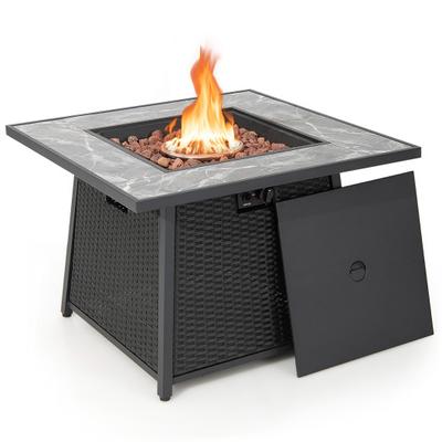 Costway 35 Inch Propane Gas Fire Pit Table Wicker Rattan with Lava Rocks PVC Cover-Black
