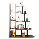 5 Shelf Geometric Bookcase Freestanding Corner Ladder Shelf Retro Brown